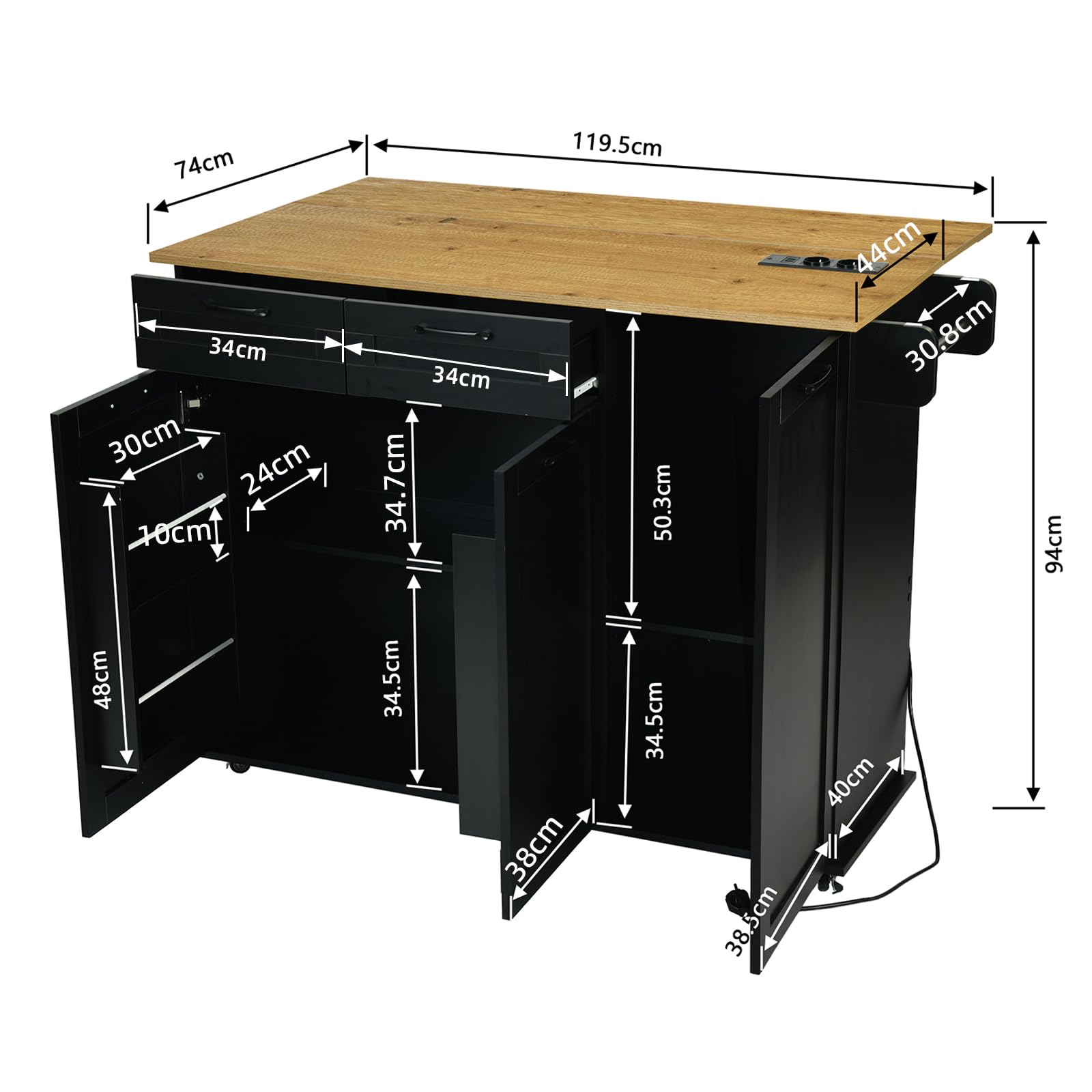 Carrello da Cucina con Ruote, Isola da Cucina con Piano Ribaltabile, Con Prese Elettriche e Porte USB, 119,5 x 74 x 94 cm, Carrello Salvaspazio per Cucina e Soggiorno, Nero
