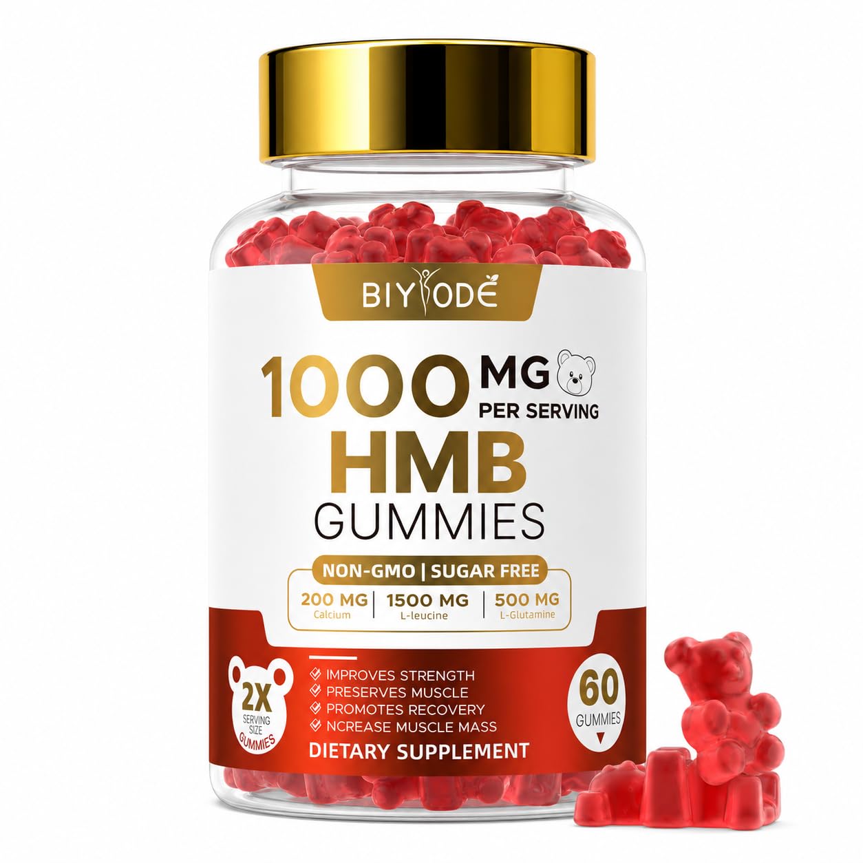 HMB Gummies for Women 1000mg HMB: 1500mg L-Leucine 500mg L-Glutamine Muscle & Bone Support with Calcium Sugar-Free Strawberry Flavor 60 Gummies