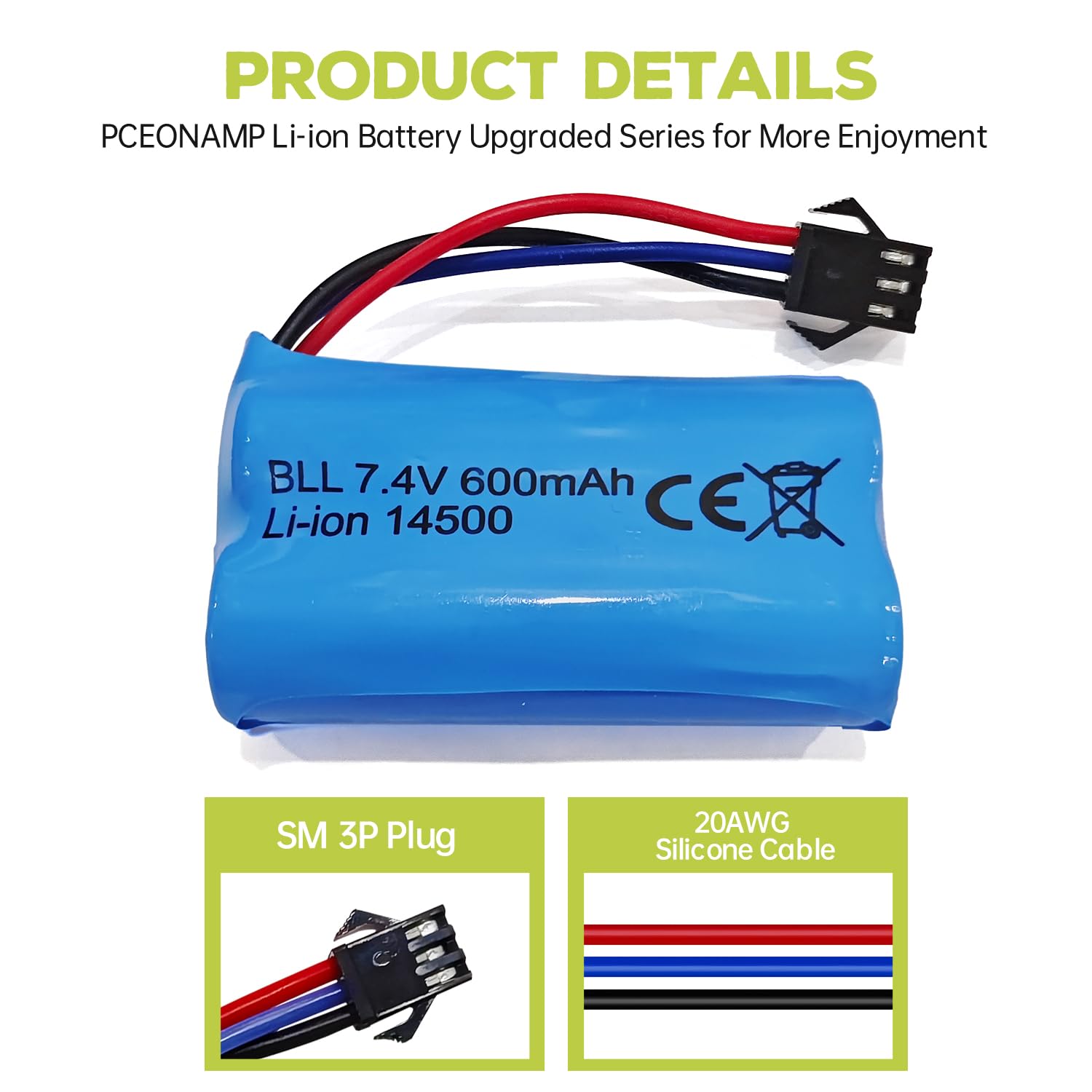 2 Baterías Li-Ion 7.4V 600mAh Con Cable USB Para Coche RC DE82, TK3086B, G20601 - Incluye Enchufe SM-3P