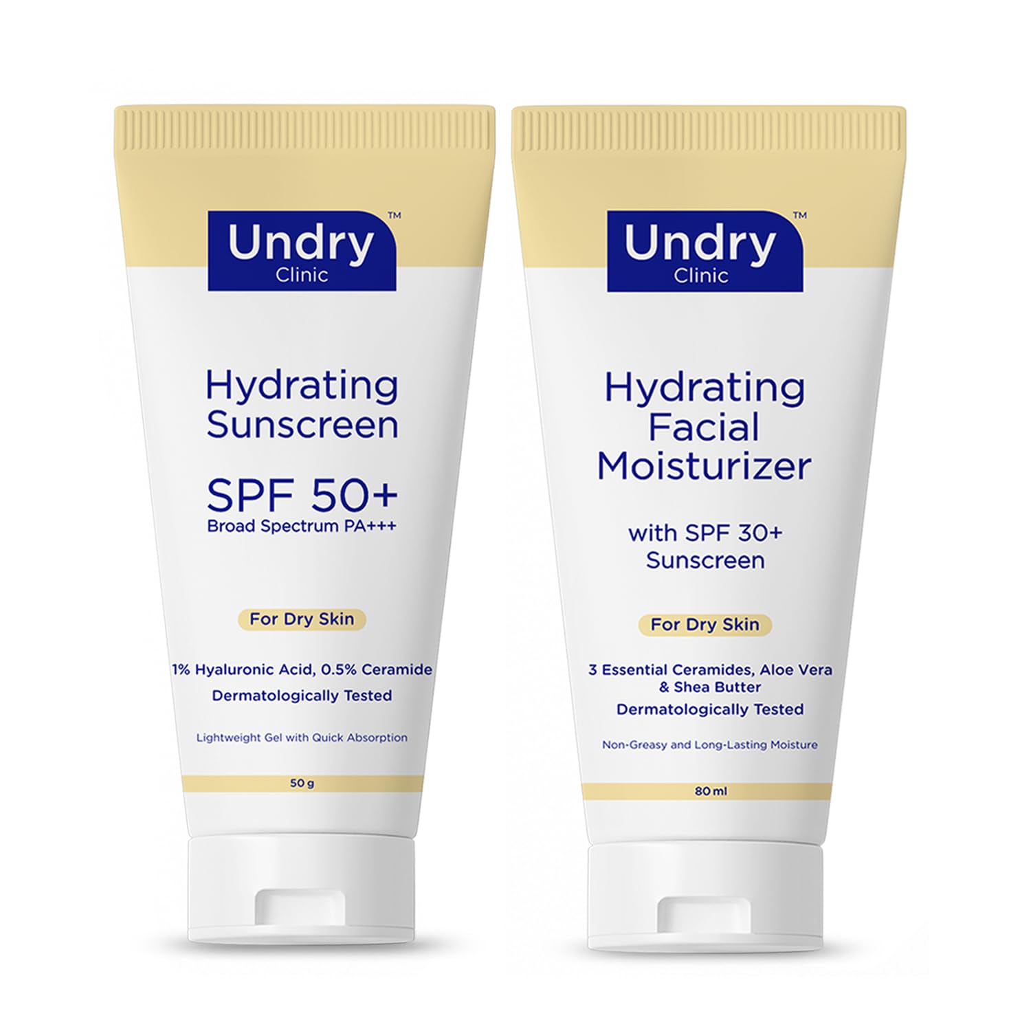 Undry Hydrating Skincare Combo for Dry Skin | SPF 50+ Sunscreen with Hyaluronic Acid & Ceramide (50g) + Hydrating Facial Moisturizer with SPF 30+ Aloe Vera & Shea Butter (80ml)