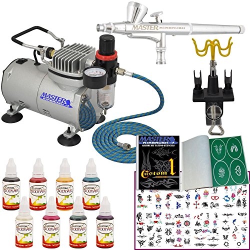 DELUXE AIRBRUSH TATTOO KIT 8 Includes: COMPRESSOR, HOSE, AIRBRUSH, INK, AND STENCILS