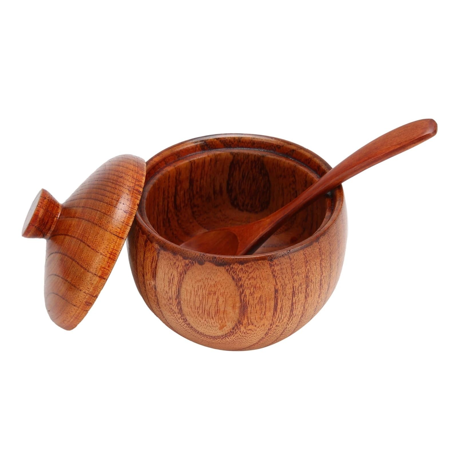 LuoAXINN Wooden Salt Cellar Wood Spice Jar Sugar Bowl Salt Pepper Seasoning Box with Spoon and Lid Home Kitchen Cooking Tool