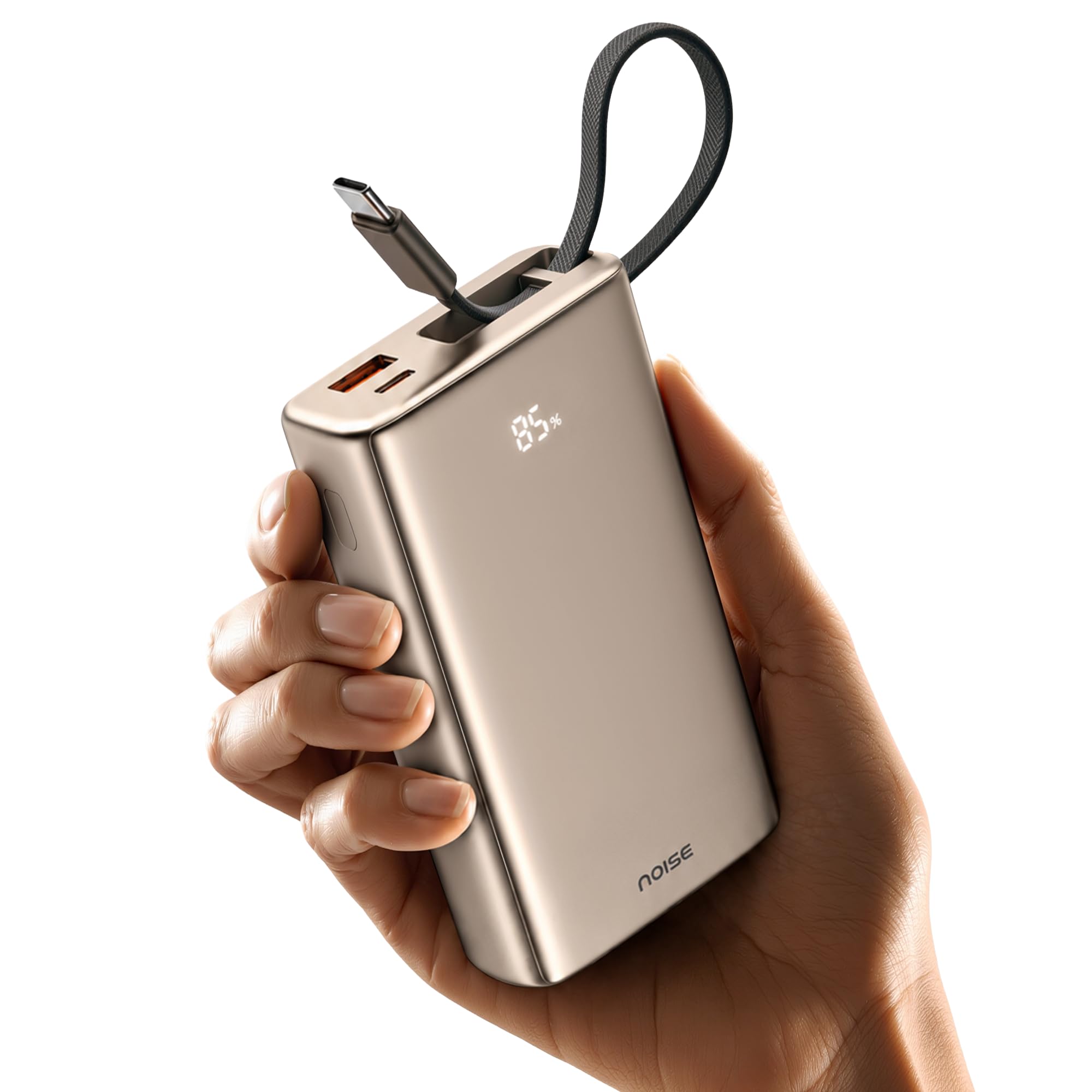 Noise Newly Launched India's 1st Power Bank 20000mAh 45W Ultra Fast Charging: Built-in Type-C Cable, Digital Battery%, Advanced Safety, Metallic Finish, Triple Output, BIS Certified (Titanium)