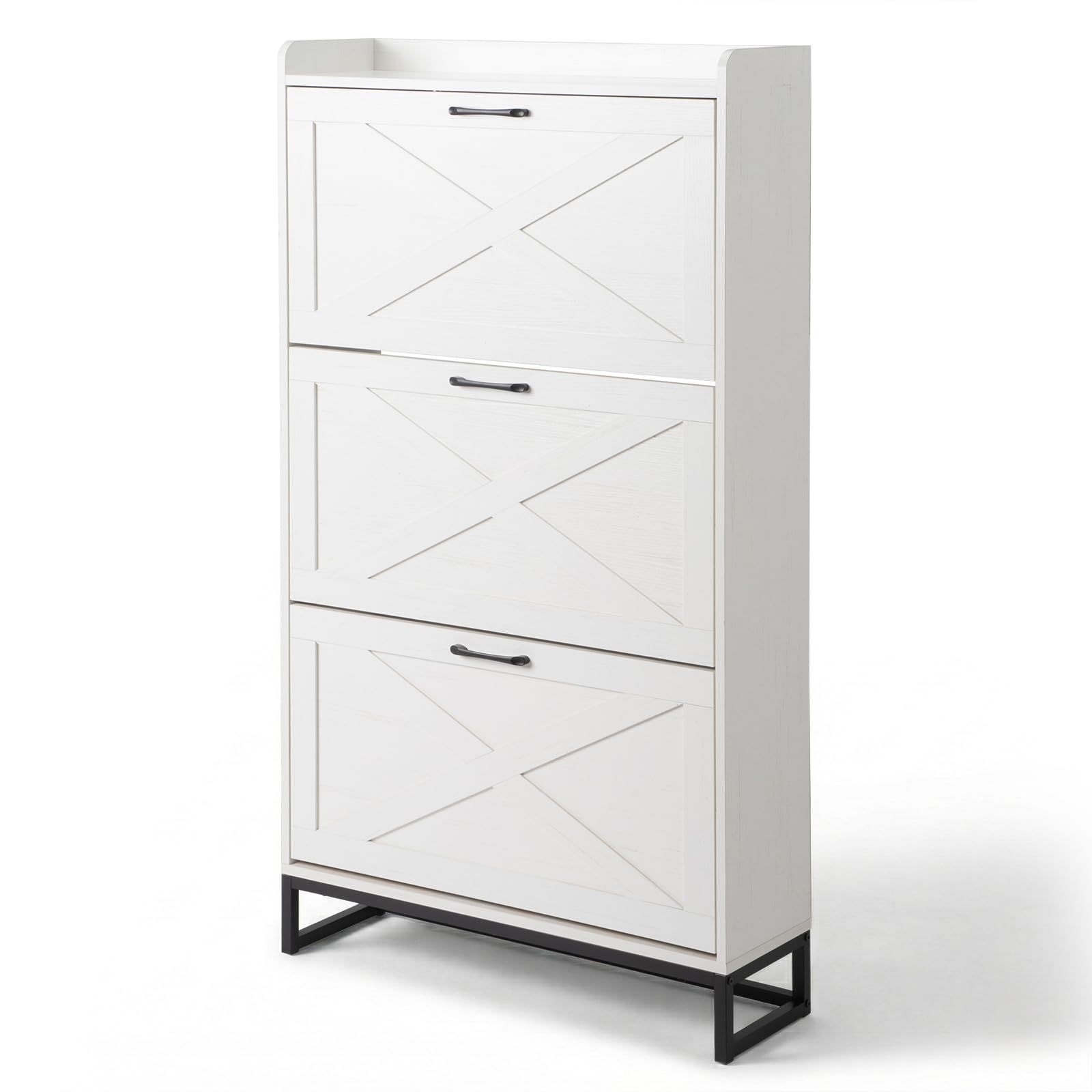 Bonnlo Barn Door Shoe Cabinet with 3 Flip Bins, High Capacity Shoe Storage, Adjustable Shelves & Anti-Tip Design (Distressed White)