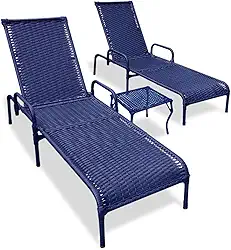 Conjunto de Espreguiçadeiras para Jardim, 2 Cadeiras Reguláveis com Mesa, Fibra Sintética (Azul)