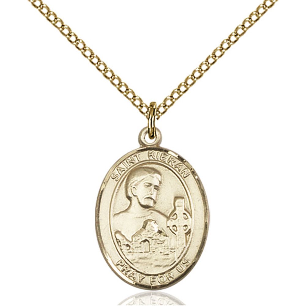 Bonyak Jewelry Saint Medal Collection Custom Engraved Gold Filled St. Kieran Pendant 3/4 x 1/2 inches with Gold-Filled Lite Curb Chain