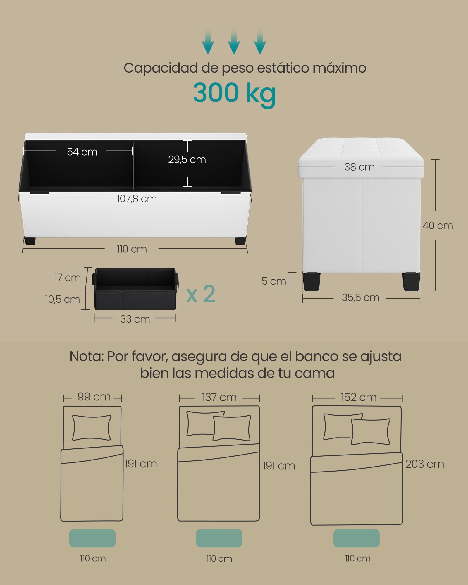 SONGMICS Puff Almacenaje, Banco Plagable con Patas, 38 x 110 x 40 cm, Reposapiés, 112 L, PVC, para el Dormitorio, Sala de Estar, Blanco Nube LSF0514W02
