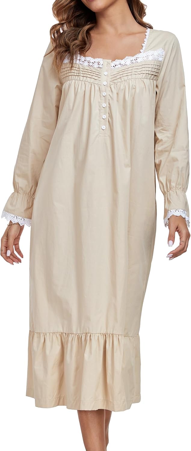 100% Cotton Nightgowns For Women Victorian Night Gown Long Sleeve House Dress With Pockets S-3XL - Image 2