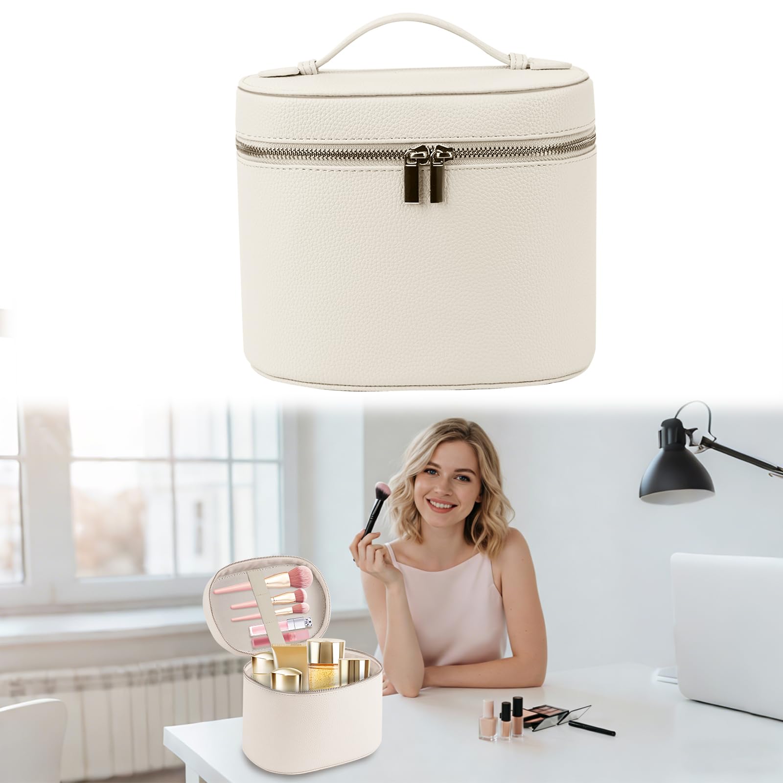 Neceser Maquillaje de Cuero PU Impermeable, Neceser Viaje para Mujer Grande, Maletín de Cosméticos Portátil, Bolsa de Maquillaje Organizador con Divisor Desmontable y Doble Cremallera (Blanco)