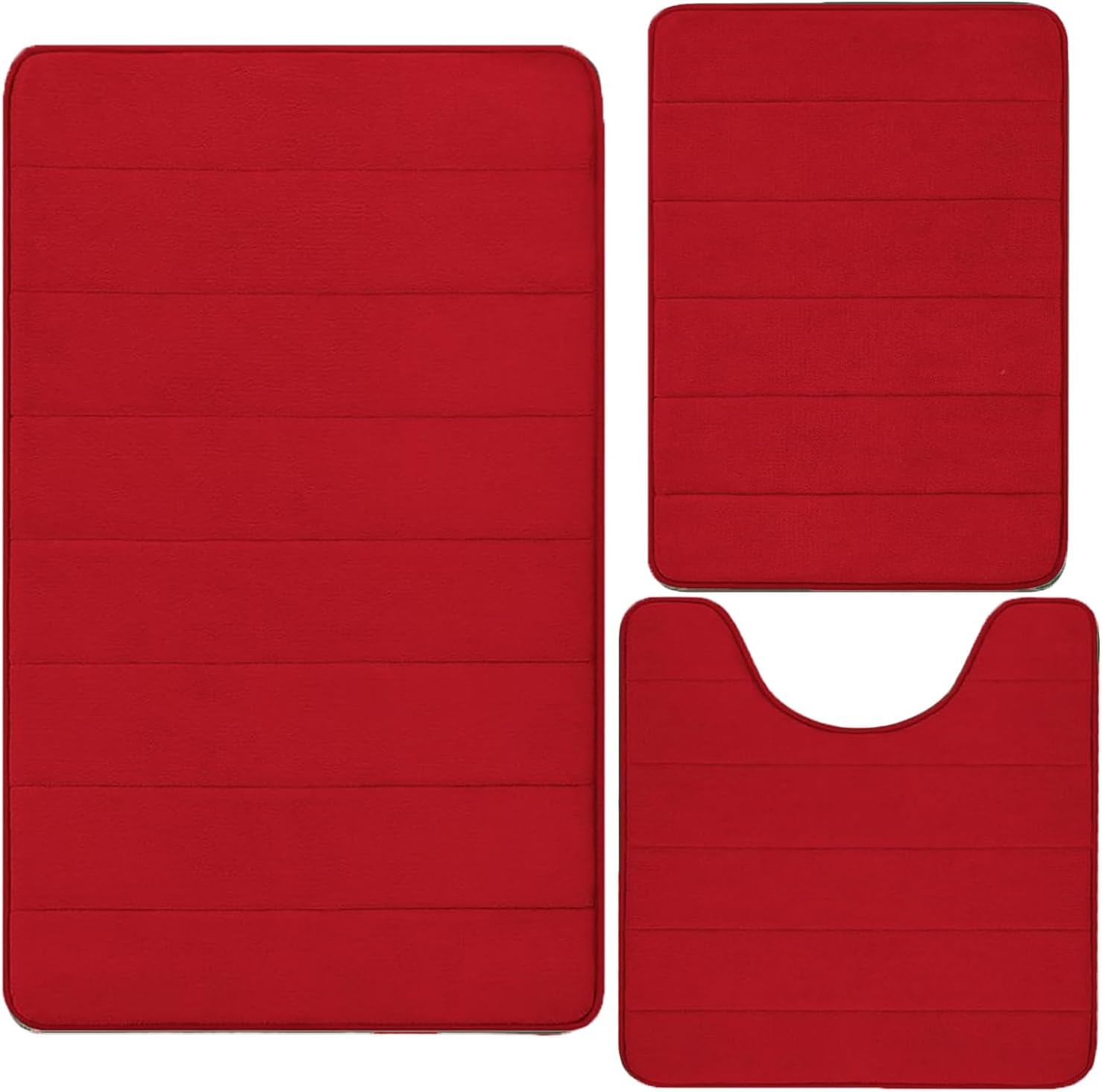 Memory Foam Bathroom Rugs Sets 3 Piece, Extra Soft Absorbent Non Slip Bath Mat Set, with U-Shaped Toilet Rug, Machine Washable, Bath Carpet for Bathroom, Shower and Tub, Red