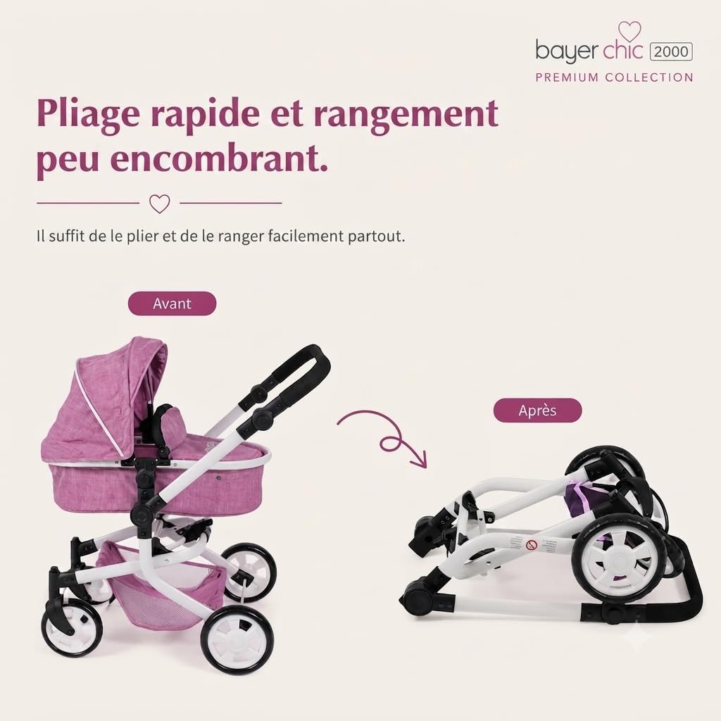 Bayer Chic 2000 Poussette poupée Mika 2 en 1 Pliable et réglable | Poussette poupée 2 en 1 pliable avec poignée réglable (47-80 cm), pour poupées jusqu'à 52 cm.