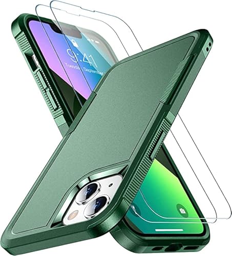 SPIDERCASE Designed for iPhone 13 Case/iPhone 14 Case, [10 FT Military Grade Drop Protection] [with 2 pcs Tempered Glass Screen Protector] Cover for iPhone 13 & 14 6.1 inch (Black Green)