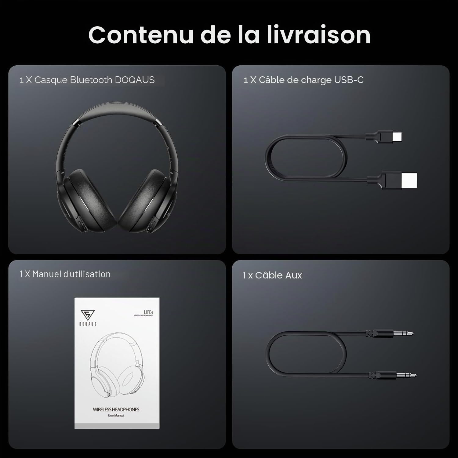 DOQAUS Casque Bluetooth sans Fil 90H Durée Lecture avec 3 Modes EQ Bluetooth 5.3, Casque Bluetooth,Cache-Oreilles protéines Souples,Casque sans Fil stéréo HiFi Microphone pour Voyage/Travail/Vie