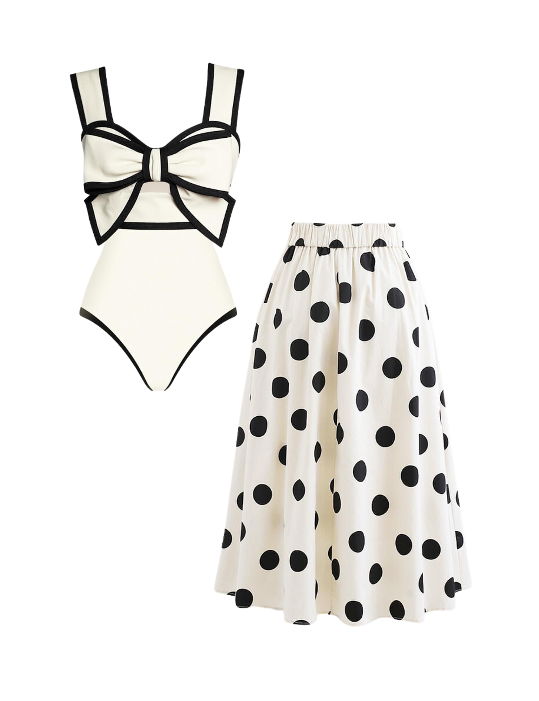 FLAXMAKER Black and White Swimsuit Bow-tie Decor Women's Polka dot Print Skirt One Piece Bathing Suit with Skirt