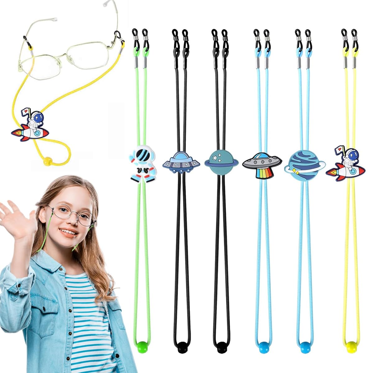 HANNEA® 6Pcs Glasses Lanyard, 9.8 inches Eyeglasses Neck Straps for Kids Colorful Specs Holder Strap with Cartoon Charm Sliding Buckle, Adjustable Eyewear Retainer Straps
