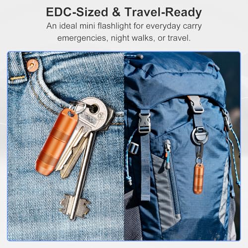 Image of Mini Keychain Flashlight - Instant On Pull to Light, 100 Lumens Tiny EDC Flash Light, USB-C Rechargeable Micro LED Torch, Waterproof IPX6, for Everyday Carry, Emergency & Outdoor Use (Orange)