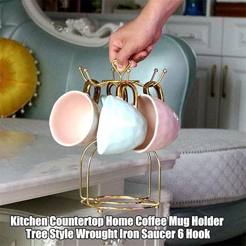 Miniatura 3 de GENIGW - Encimera de cocina con asa, platillo estilo árbol, soporte para taza de café, 6 ganchos, organizador dorado para el hogar