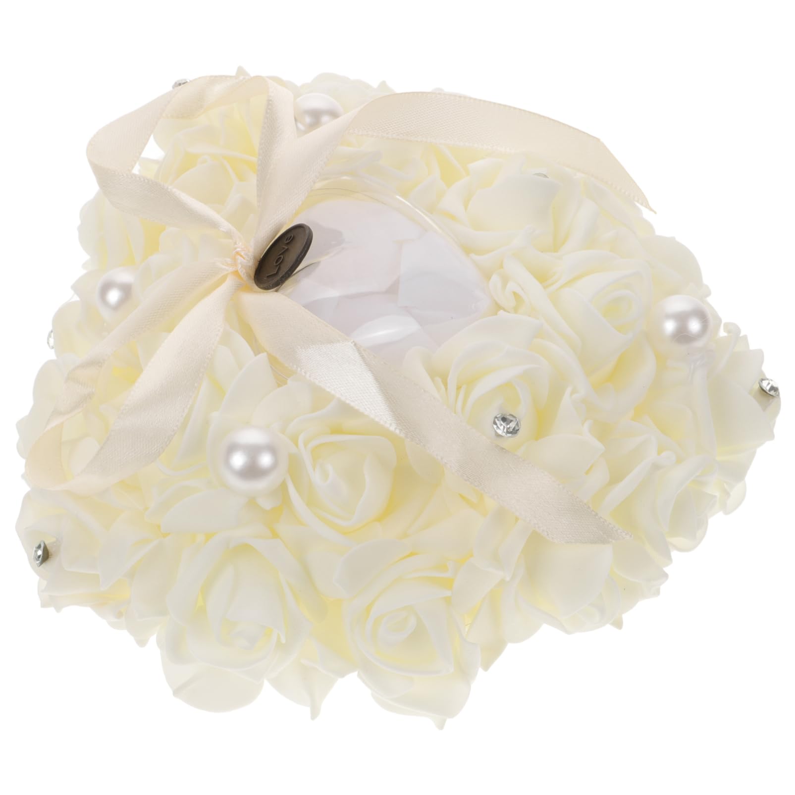 COSMEVIVI Heart-shaped Wedding Ring Pillow Pearl Accents Elegant Flower Cushion for Ceremony for Engagement and Bridal Parties