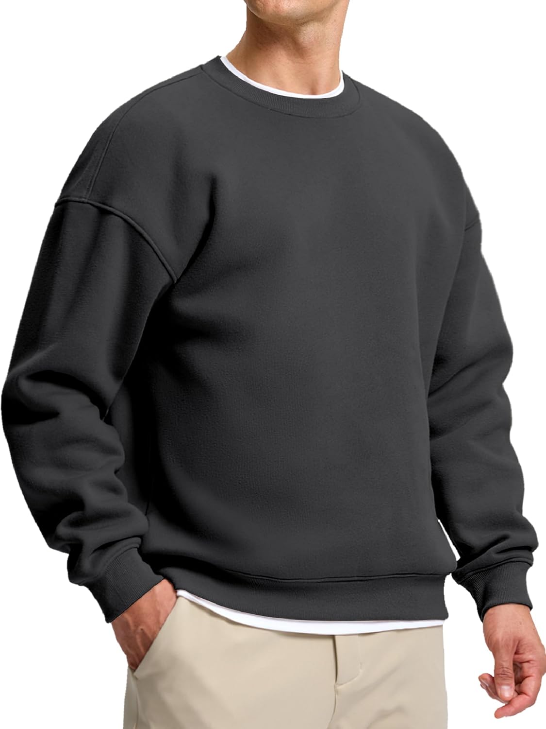 Soothfeel Mens Fleece Lined Crewneck Sweatshirt Cotton Pullover Sweater Athletic Workout Casual Oversized Warm Shirts for Men