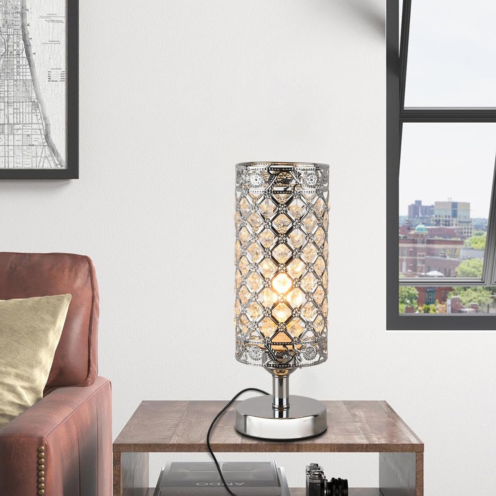 Chrome Crystal Table Lamp for Bedroom, Nightstand Light with Plug-in Switch, Elegant Crysta Bedside Table Lamps for Living Room Dining Room Dresser