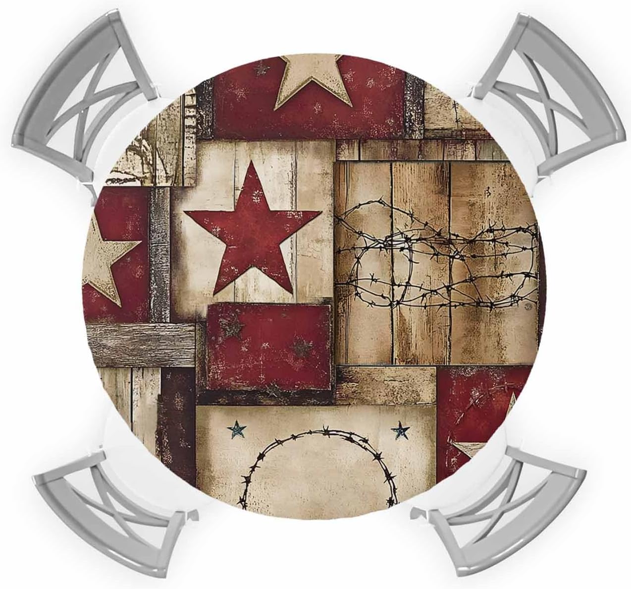 Texas Star Farm Round Tablecloth 45-54 Inch Round Fitted Table Cloth with Elastic Edge, Country Wood Grain Vintage Western Waterproof Table Cover Protector for Outdoor Picnic Party Dining
