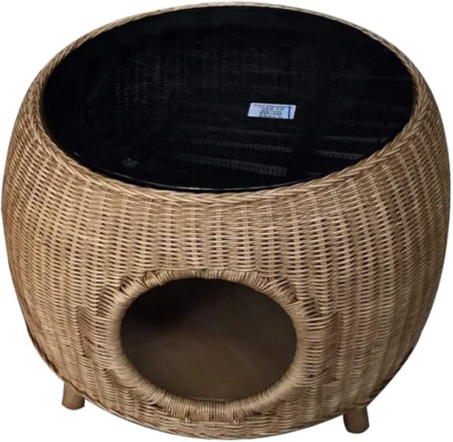 ZZX 2 in 1 Cat Bed House, Eco Friendly Handmade Agate Vine Weaving Igloo Pet Cave Cats Small Dog with Soft Warm Inner Cushion, Low Table Small Coffee Table, 21.65 * 15.75 Inch,Gray