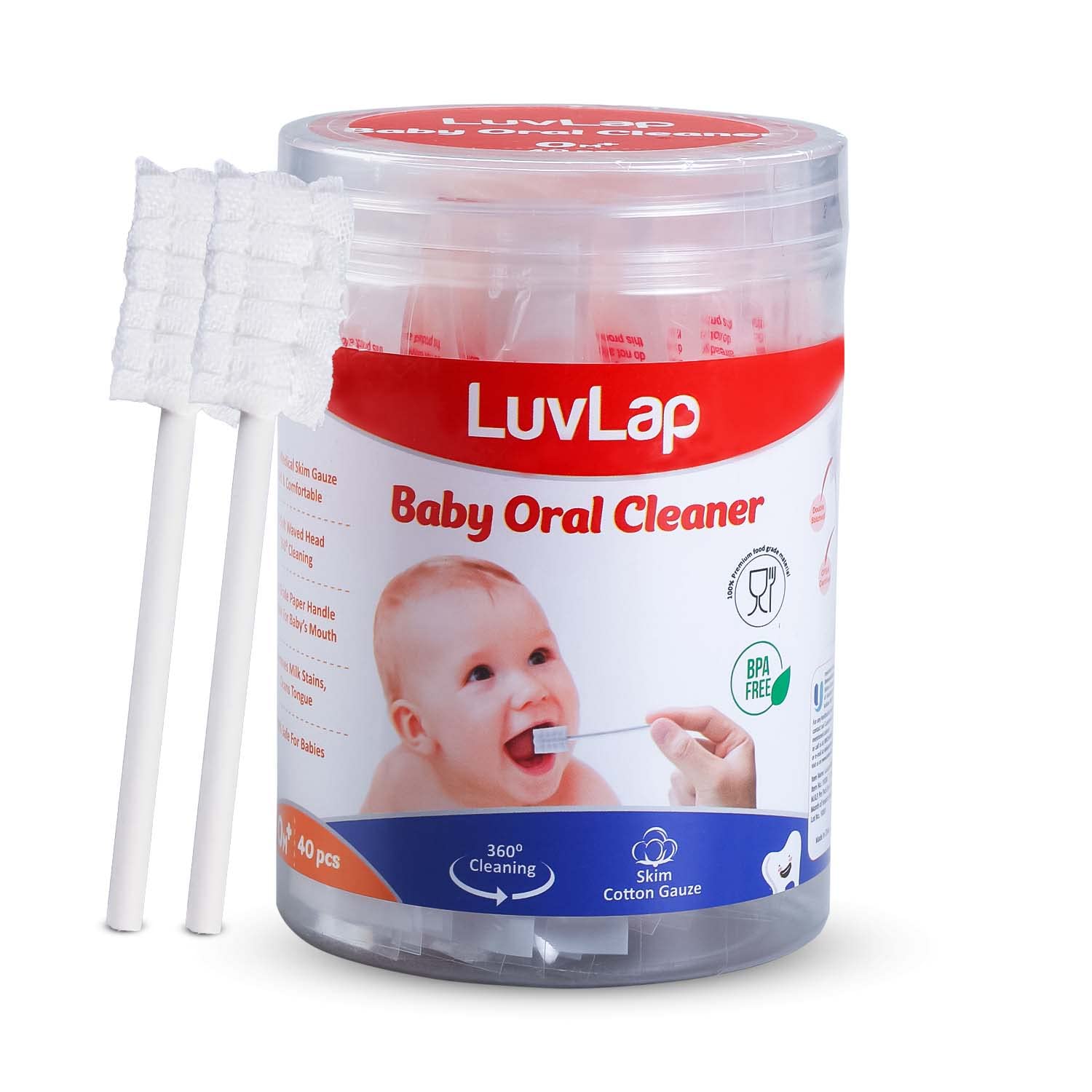 Luv Lap40pcs Oral Care Disposable Mouth Swabs for Cleaning Tooth, Swabsticks Baby Tongue Cleaning, 0-36 Months, White