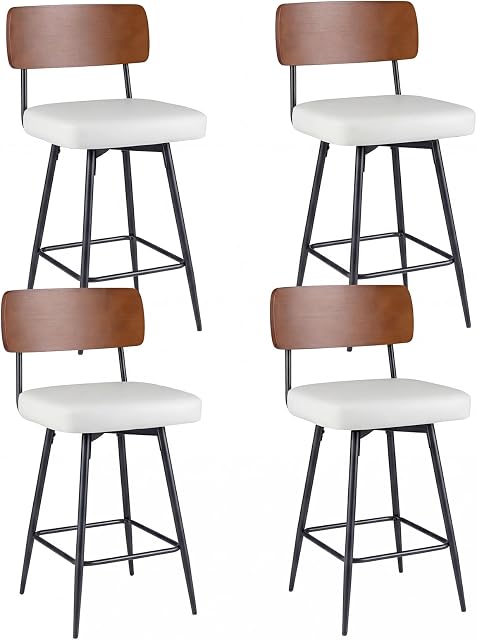 COSTWAY tabourets de bar rembourrés de 27 po, ensemble de 4, chaises de hauteur de comptoir pivotantes à 360° avec dossier en bois et pieds en métal, sièges rembourrés haut avec repose-pieds pour îlot de cuisine (4, Blanc)