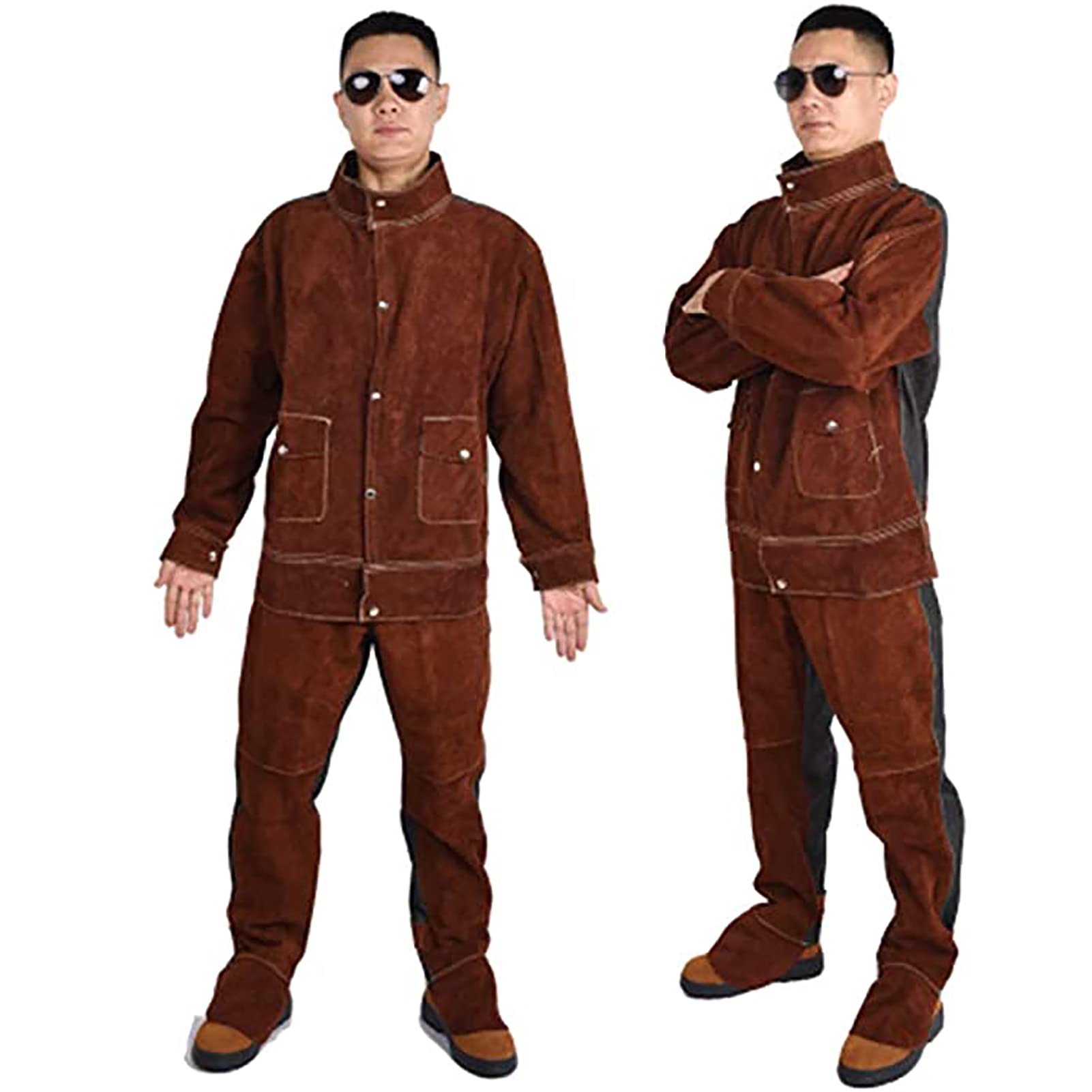 Welding Jacket Top & Trousers Cow Leather Safety Work Apparel Flame Resistant Heat Breathable Resistant Welding Suit Woodworker Coat,XL
