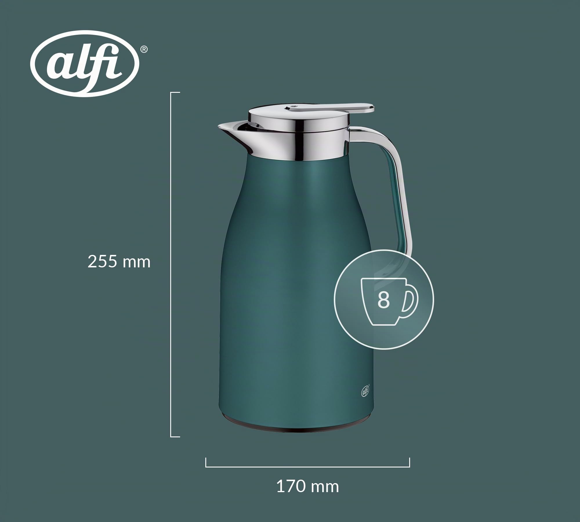 alfi SKYLINE 1,0l, sea pine, Edelstahl-Isolierkanne mit hygienischem Hartglaseinsatz, Drehverschluss mit bequemer Drucktaste, ergonomischer Griff, ideal als Kaffeekanne, Teekanne, BPA-frei
