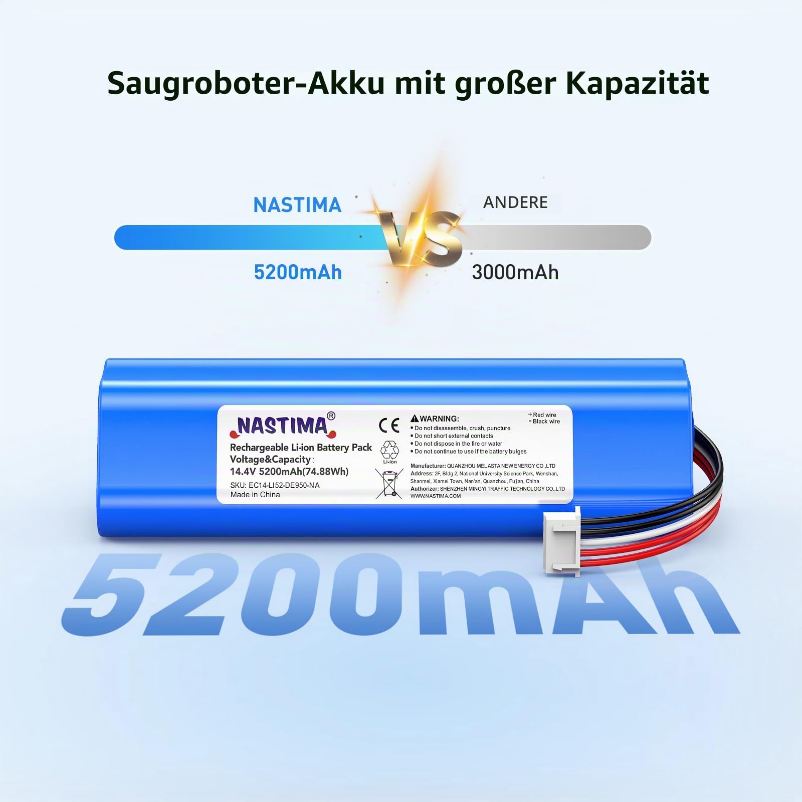 NASTIMA 14,4V 5200mAh Li-ion Ersatzakku für Ecovacs Deebot Ozmo 950, Deebot T8 T8+, Deebot T9 T9+, Deebot T10 T10+, Ersatz Akku für Deebot X1 Omni, Deebot T20 Omni Serie Staubsauger
