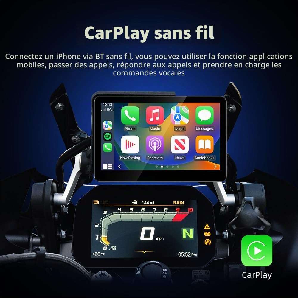 Écran de Moto 6,2" pour BMW R1200GS R1250GS F800 F900 S1000XR, CarPlay sans Fil et Android Auto, Compatible WonderWheel et Lecteur de Données du Véhicule, IP67