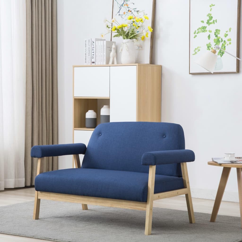 Divano 2 posti tessuto poliestere blu legno massello | Imbottitura in schiuma, struttura robusta, design elegante, facile da montare, per soggiorno