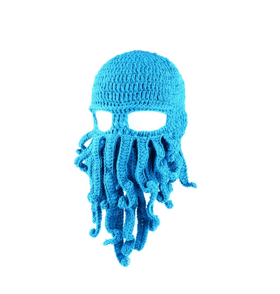 Unisex Tentacle Octopus Cthulhu Knit Beanie Windproof Beard Ski Mask Hat (Light Blue)