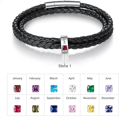 Miniatura 4 de Kaululu - Pulsera de cuero personalizada para hombre con 12345678 piedras de nacimiento, cuentas de acero inoxidable grabadas con nombres