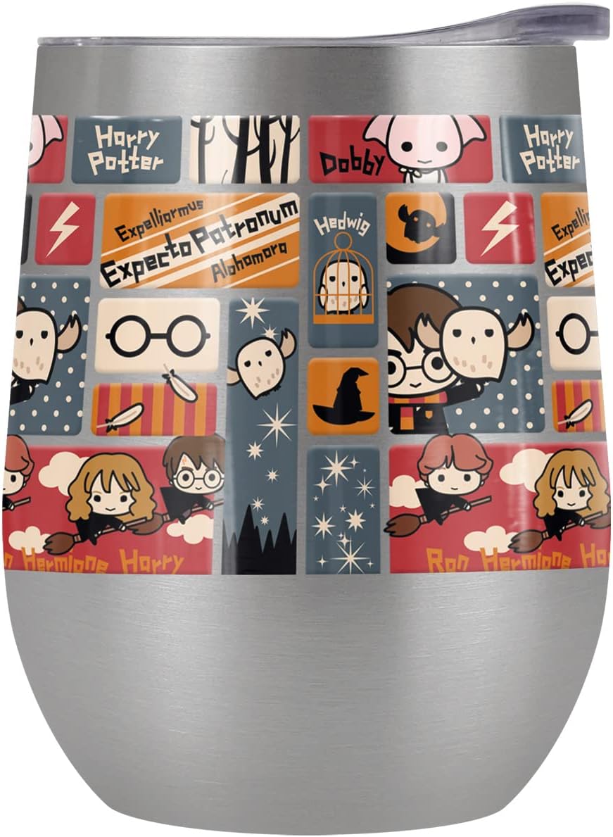 Harry Potter OFFICIAL Cute Chibi Pattern 12 oz Stemless Tumbler, Stainless Steel Travel Cup|Lake Tumbler|Insulated with Leak Resistant Slide-Lock Lid, White