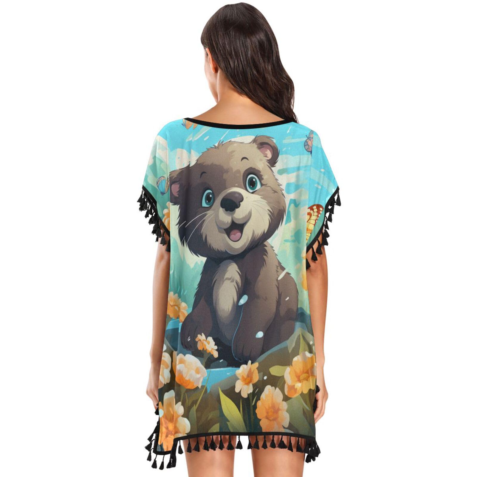 Forest Flower Animals Otter Women's Beach Cover Up Chiffon Tassel Swimwear Swimsuit Coverups for Girl