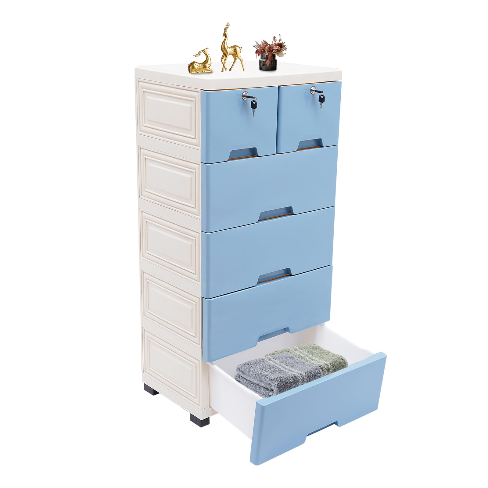 Armadio a 5 ripiani, in plastica blu, 6 cassetti, con ruote, cassettiera mobile, armadietto con serratura, dimensioni: 50 × 35 × 102 cm