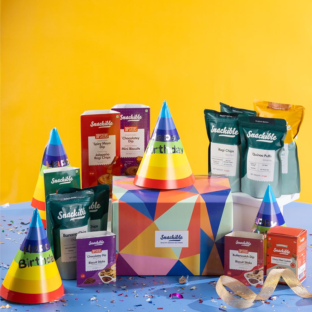 Snackible Birthday Gift Box | Box of 12 Healthy Snacks | Not Fried | No Maida | Rich in Protein & Fibre | Healthy Gifting Option | Sweet & Savoury Snacks