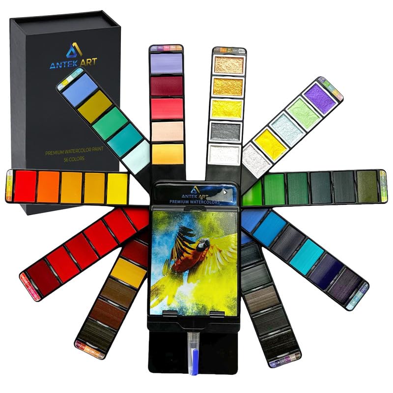 ANTEK ART Pinturas Acuarelas Premium Set (incl. Acuarelas Metalizadas, Estuche Portátil con Paleta, Pincel de Depósito de Agua), Regalo para Artistas, Pintores (56 Colores)