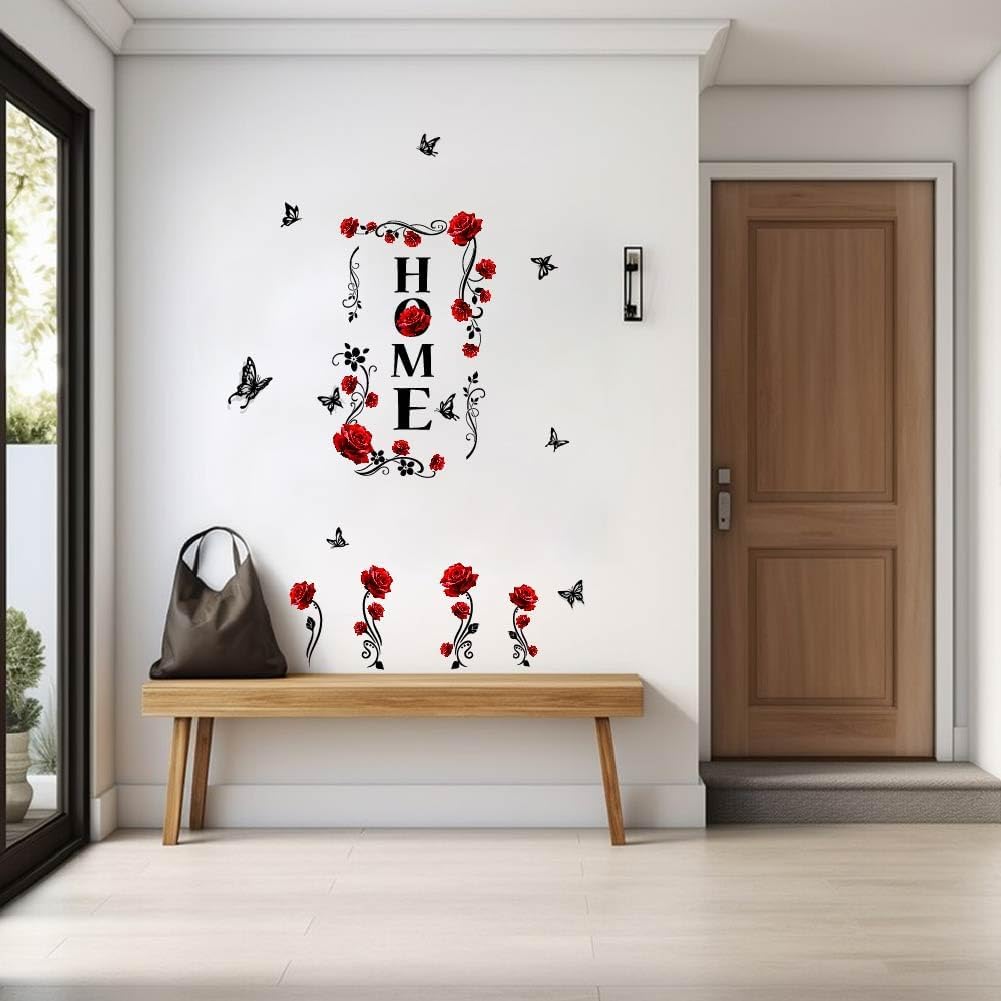 SUPERDANT Words Wall Stickers Red Rose Self Adhesive Wall Decals Art Mural Decals Home Decor Waterproof for Living Room Bedroom Bathroom Study Room