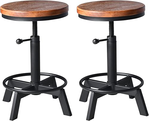 Miniatura 1 de Juego de 2 taburetes de bar industriales, sillas de altura de mostrador, asiento de madera giratorio, ajustable de 17.7 a 24 pulgadas