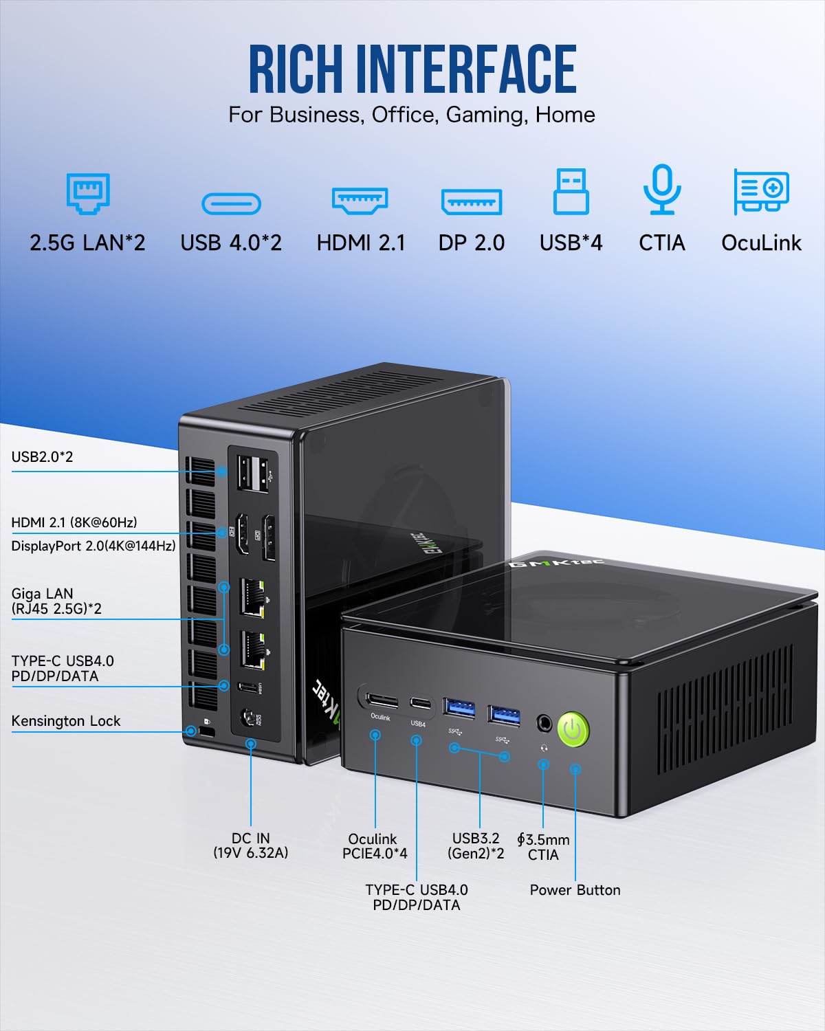 GMKtec Gaming Mini PC K8 Plus AMD Ryzen 7 8845HS (8C/16T, fino a 5,1 GHz) 64 GB di RAM DDR5 1 TB SSD, Computer desktop Oculink/Dual NIC 2,5G/WIFI 6/BT5.2/HDMI 2.1/USB4/USB3.22 + USB2.0