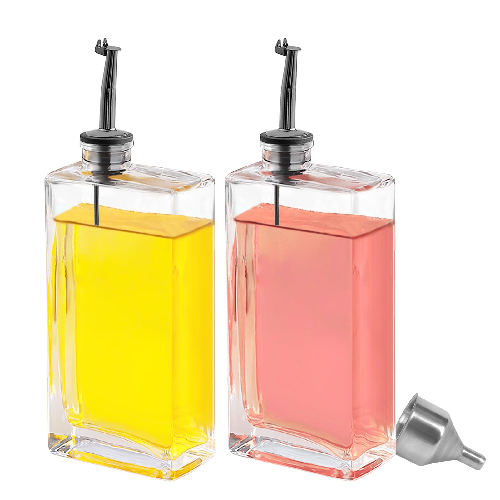 Oliera Salvagoccia Set Bottiglie Vetro per Olio e Aceto con Beccuccio in Acciaio Inox 304 Distributore per Bottiglia di Vetro per Cucina e BBQ 500ML 2 Pezzi con Imbuto (500ml - Nero)