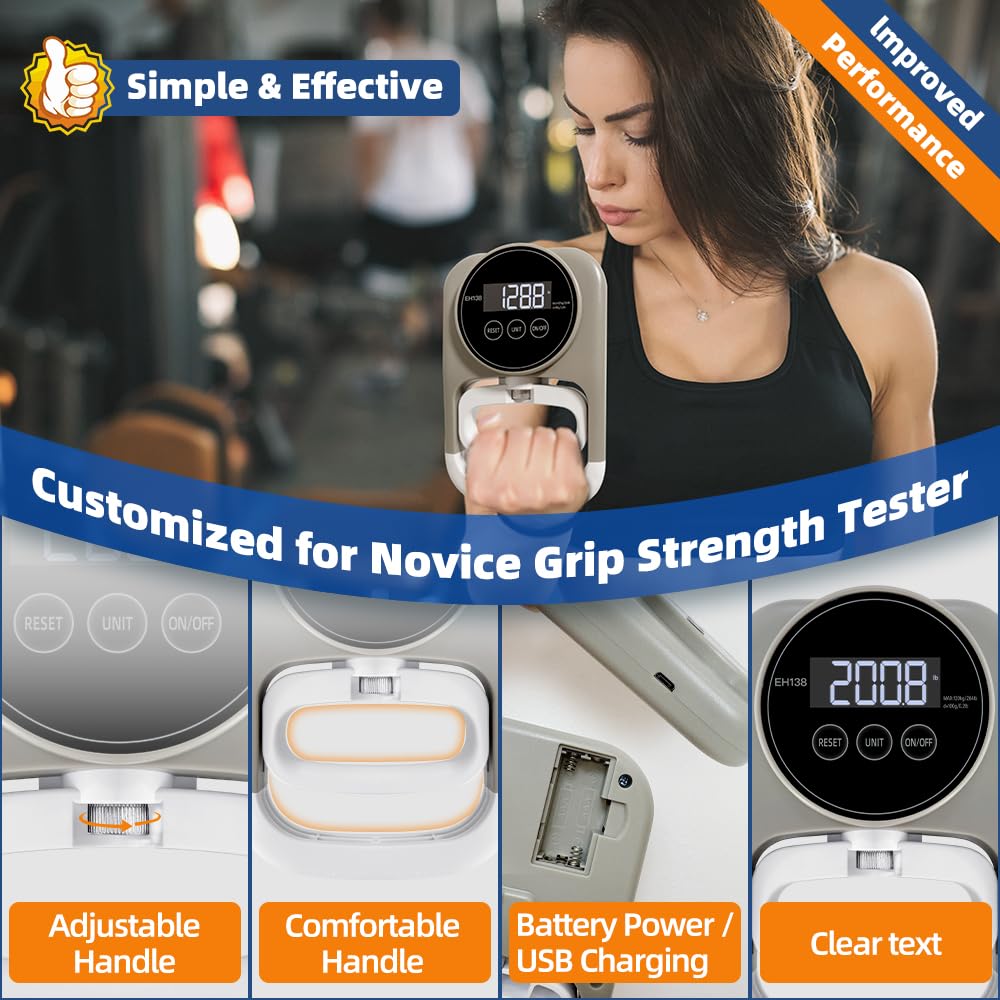 Grip Strength Trainer Hand Gripper - Grip Strength Tester Hand Dynamometer Handheld Meter LED Display Comfortable 265 Lbs / 120 Kgs Finger Strengthener for Sports Home School Gym Use