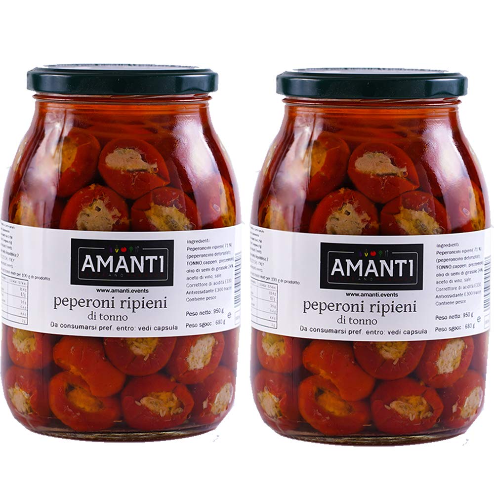 Peperoni Ripieni al Tonno | Amanti | 2 Vasi da 1Kg | In Olio di Semi Girasole | Eccellenza della Campania | Cilento | Dieta Mediterranea | Antipasto