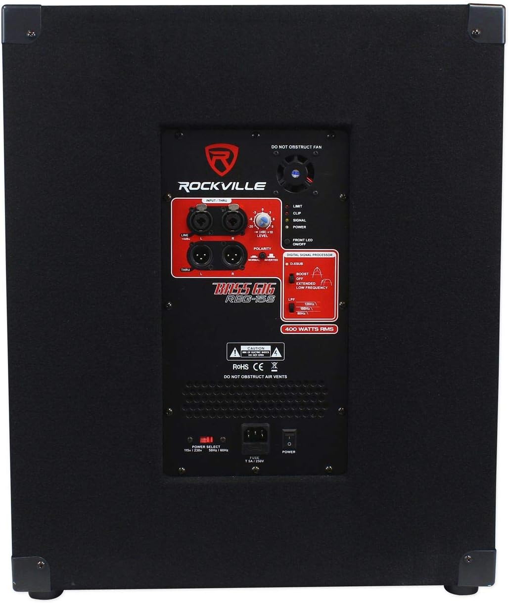 Rockville RPG12 Bundle: (2) 12" Powered DJ PA Speakers 200-Watt RMS 800-Watt Peak, RBG15S 15 in Powered PA Subwoofer 400-Watt RMS 1600-Watt Peak, Tripod Speaker Stands and XLR Cables, 5 Items