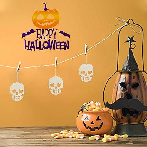 Miniatura 7 de 30 piezas de mini calaveras de madera para manualidades, recortes de 2 pulgadas, en forma de calavera de madera en blanco con cordeles de yute para