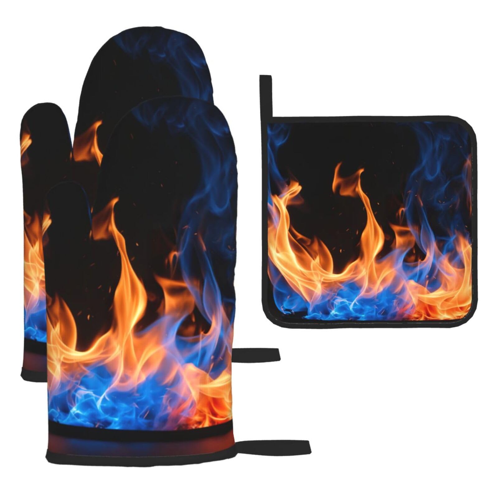 Blue Flame Print Oven Mitts Kitchen Gloves Set Everyday Baking Grilling Microwaving Cooking Gift