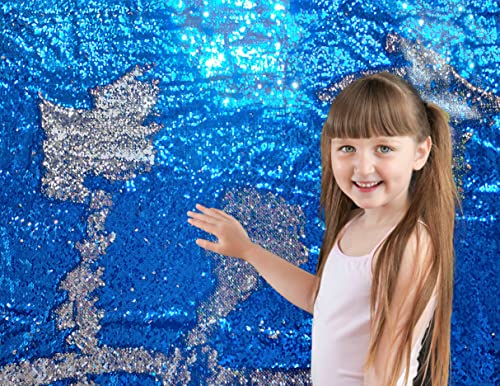 Sensory Wall Sequin Flip Fabric for Kids 0.2 Large Sequins Sensory Fidget Toys for Toddlers Calming Corner Tactile Items Reversible Fabric (Half yd (18*49) Sapphire Blue + Silver)
